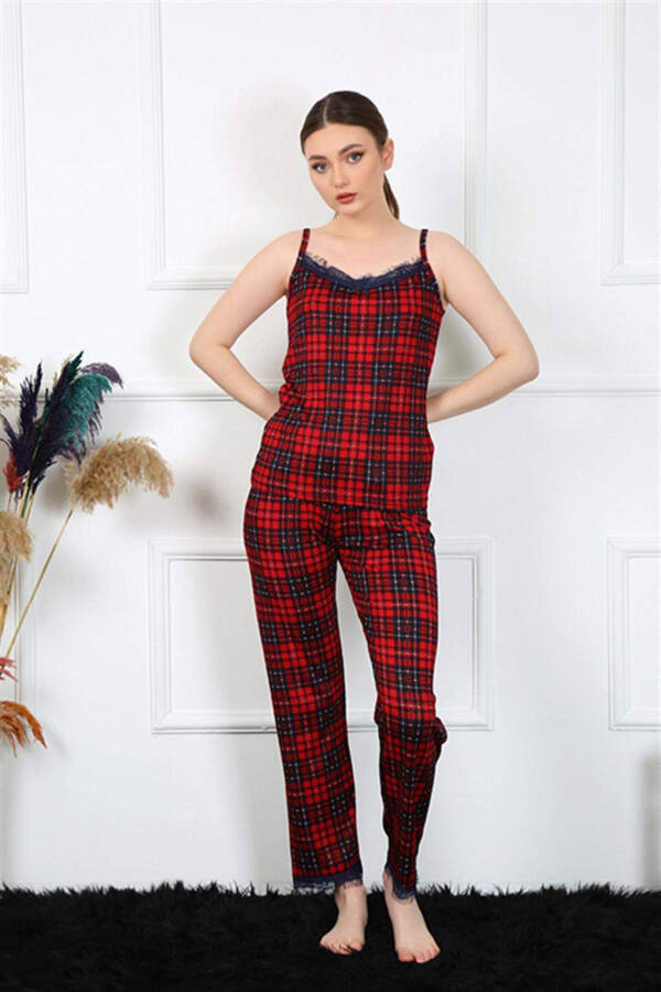 Women's Red Plaid Spaghetti Strap Pajama Set 4135 - 1