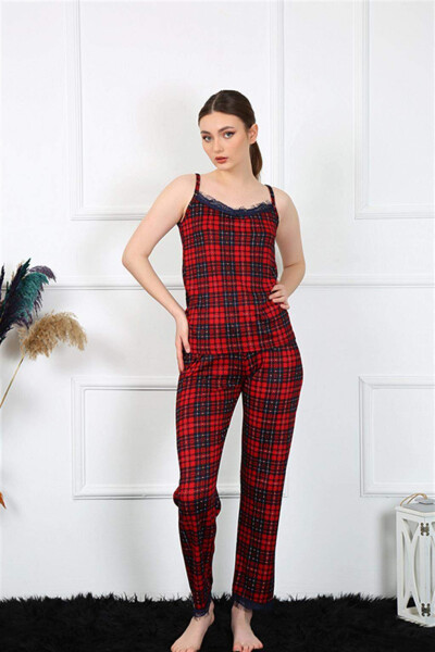 Women's Red Plaid Spaghetti Strap Pajama Set 4135 - 3