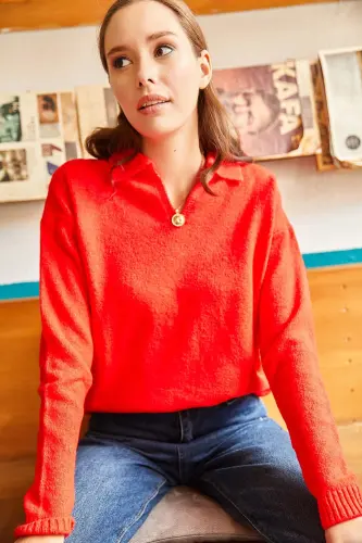Women's Red Polo Neck Washed Soft Touch Knitted Sweater KZK-19000432-Red - 2