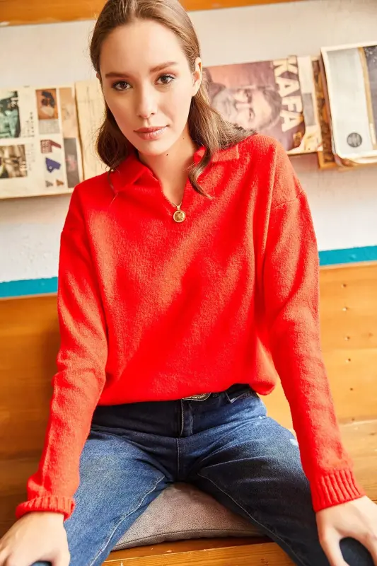 Women's Red Polo Neck Washed Soft Touch Knitted Sweater KZK-19000432-Red - 3