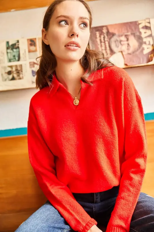 Women's Red Polo Neck Washed Soft Touch Knitted Sweater KZK-19000432-Red - 4