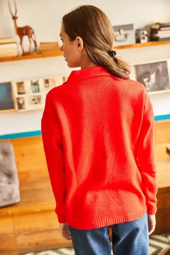 Women's Red Polo Neck Washed Soft Touch Knitted Sweater KZK-19000432-Red - 5