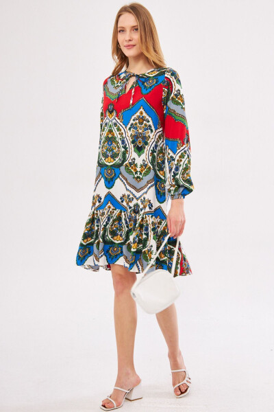 Women's Red Printed Long Sleeve Dress with Tie Neck and Frilled Skirt ARM-24Y001003 - 4