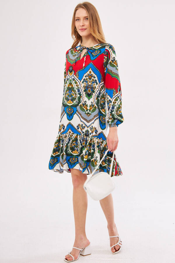 Women's Red Printed Long Sleeve Dress with Tie Neck and Frilled Skirt ARM-24Y001003 - 9