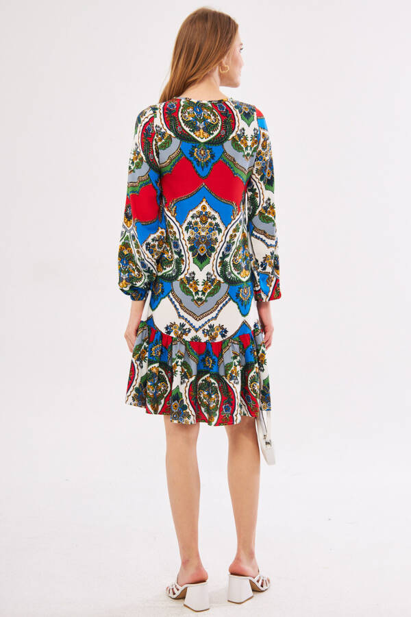 Women's Red Printed Long Sleeve Dress with Tie Neck and Frilled Skirt ARM-24Y001003 - 10