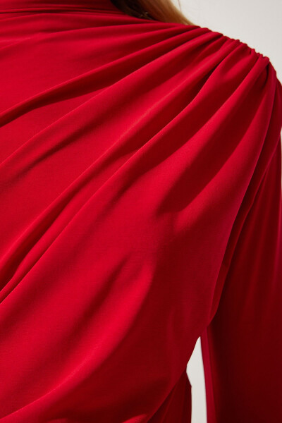 Women's Red Ruffle Detail Stand Collar Sandy Blouse FF00135 - 4