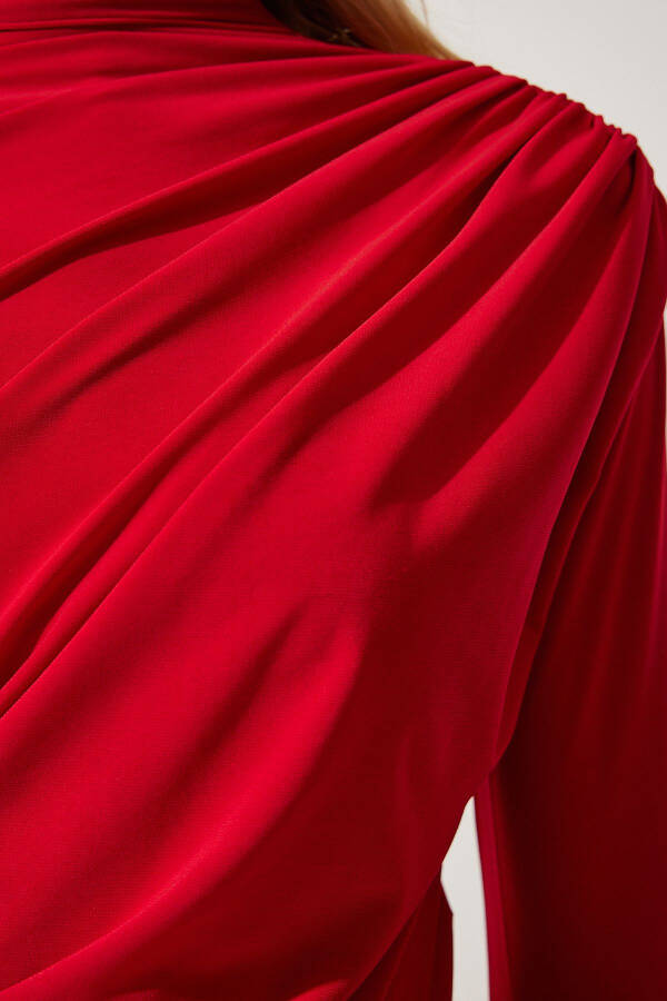 Women's Red Ruffle Detail Stand Collar Sandy Blouse FF00135 - 4