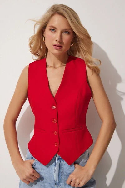 Women's Red Short Knitted Vest TO00048 - Happiness İstanbul (1)