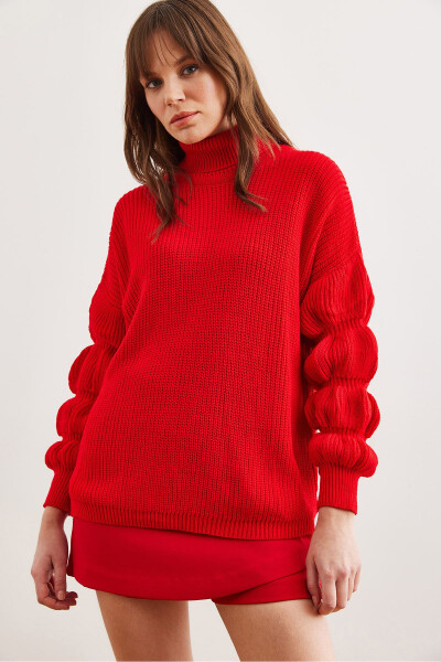 Women's Red Sleeve Detailed Turtleneck Knitted Sweater KZK-19000927 - OLALOOK (1)