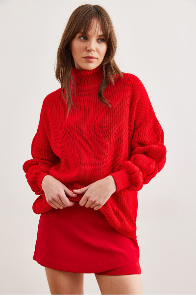 Women's Red Sleeve Detailed Turtleneck Knitted Sweater KZK-19000927 - 3