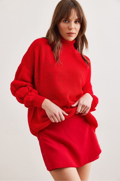 Women's Red Sleeve Detailed Turtleneck Knitted Sweater KZK-19000927 - 4