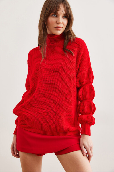 Women's Red Sleeve Detailed Turtleneck Knitted Sweater KZK-19000927 - 5