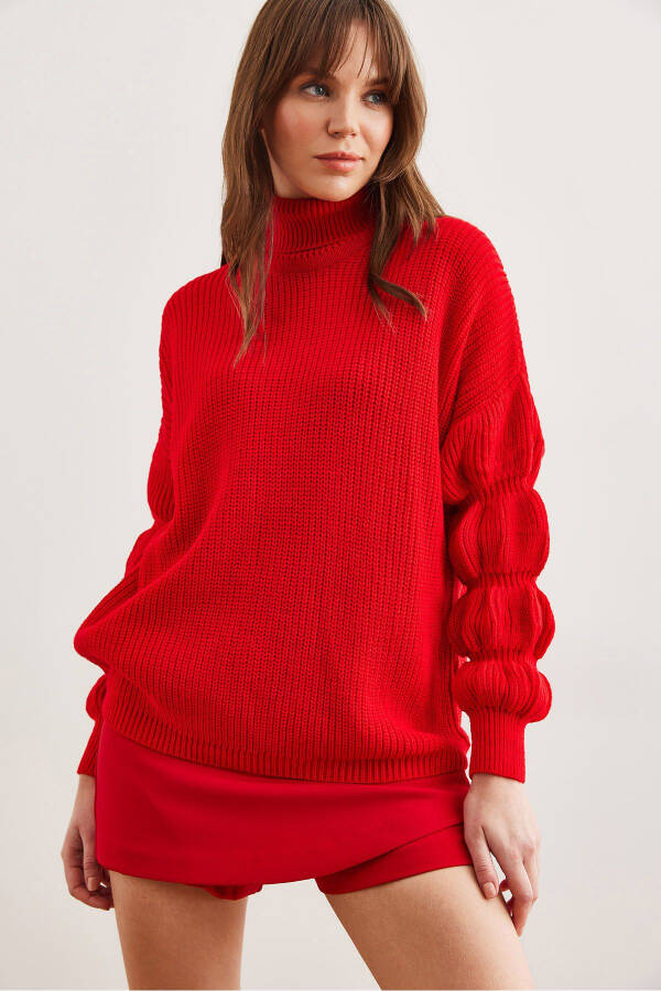 Women's Red Sleeve Detailed Turtleneck Knitted Sweater KZK-19000927 - 5