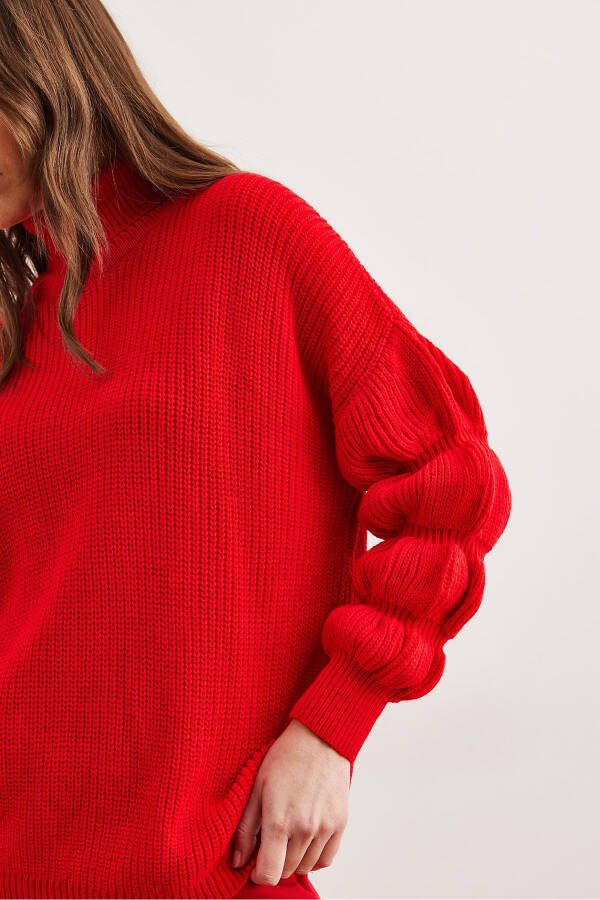 Women's Red Sleeve Detailed Turtleneck Knitted Sweater KZK-19000927 - 6