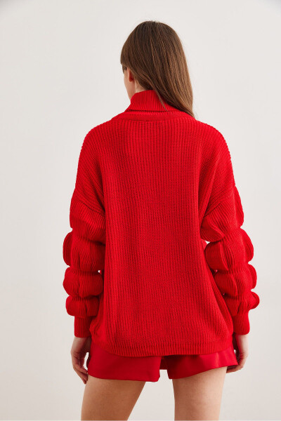 Women's Red Sleeve Detailed Turtleneck Knitted Sweater KZK-19000927 - 7
