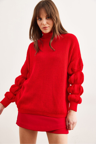 Women's Red Sleeve Detailed Turtleneck Knitted Sweater KZK-19000927 - 1