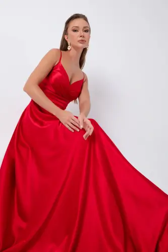 Women's Red Spaghetti Strap Belted Satin Long Evening & Prom Dress - Red - 1