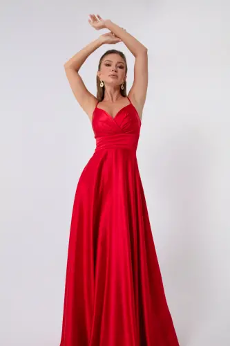 Women's Red Spaghetti Strap Belted Satin Long Evening & Prom Dress - Red - 3