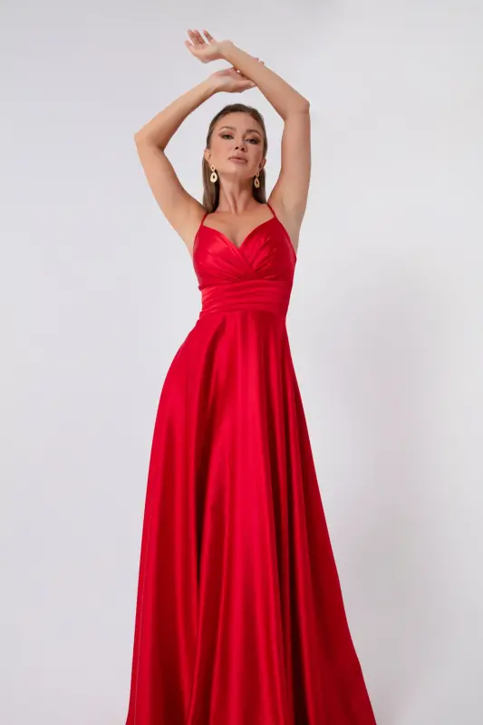 Women's Red Spaghetti Strap Belted Satin Long Evening & Prom Dress - Red - 3