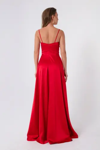 Women's Red Spaghetti Strap Belted Satin Long Evening & Prom Dress - Red - 5