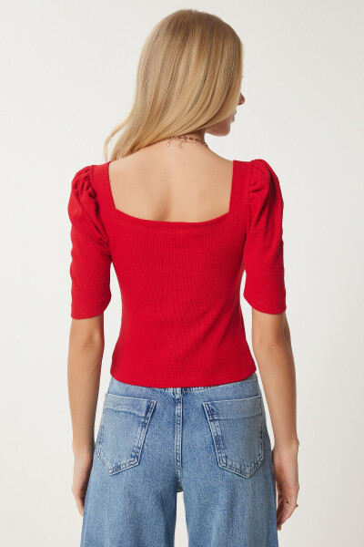 Women's Red Square Neck Ribbed Crop Blouse GT00007 - 4