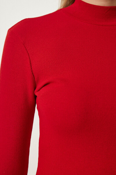 Women's Red Stand-up Collar Ribbed Lycra Knitted Dress - 4