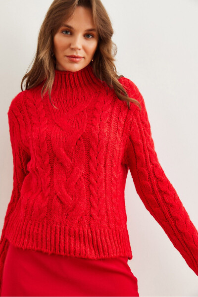 Women's Red Stand-Up Neck Cable-Knit Sweater KZK-19000934 