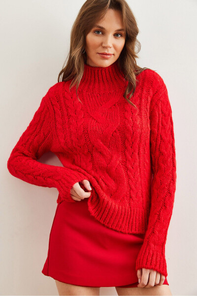 Women's Red Stand-Up Neck Cable-Knit Sweater KZK-19000934 - 2