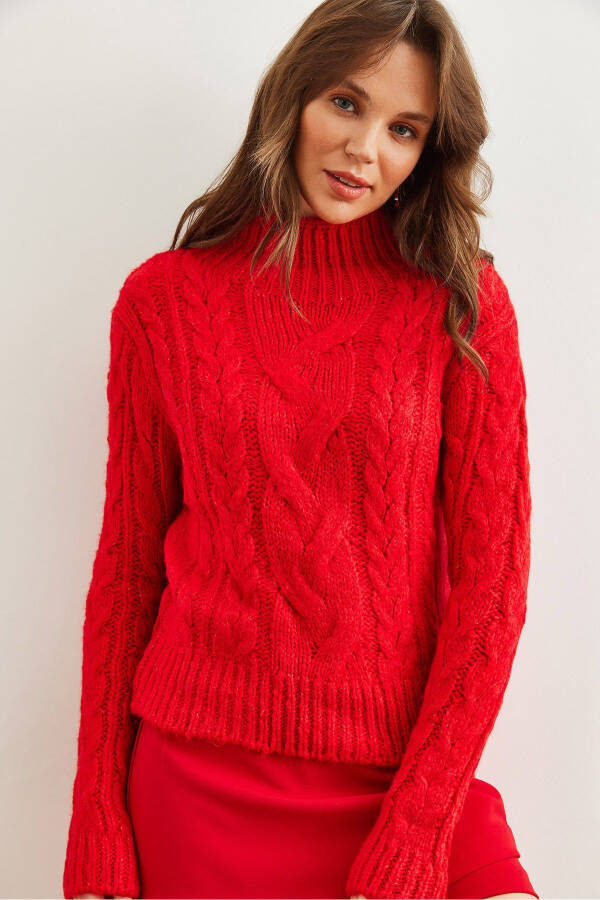 Women's Red Stand-Up Neck Cable-Knit Sweater KZK-19000934 - 3