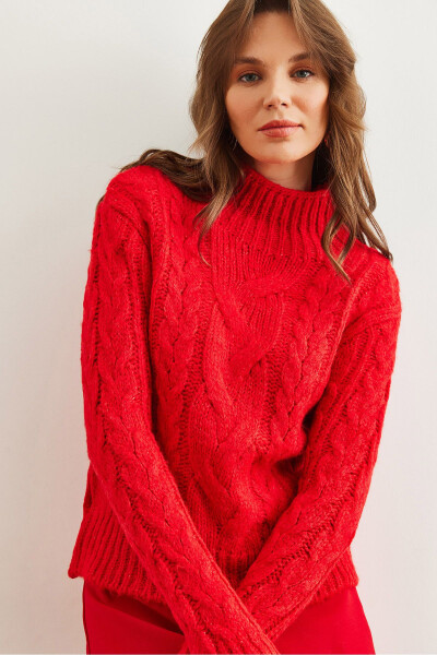 Women's Red Stand-Up Neck Cable-Knit Sweater KZK-19000934 - 4