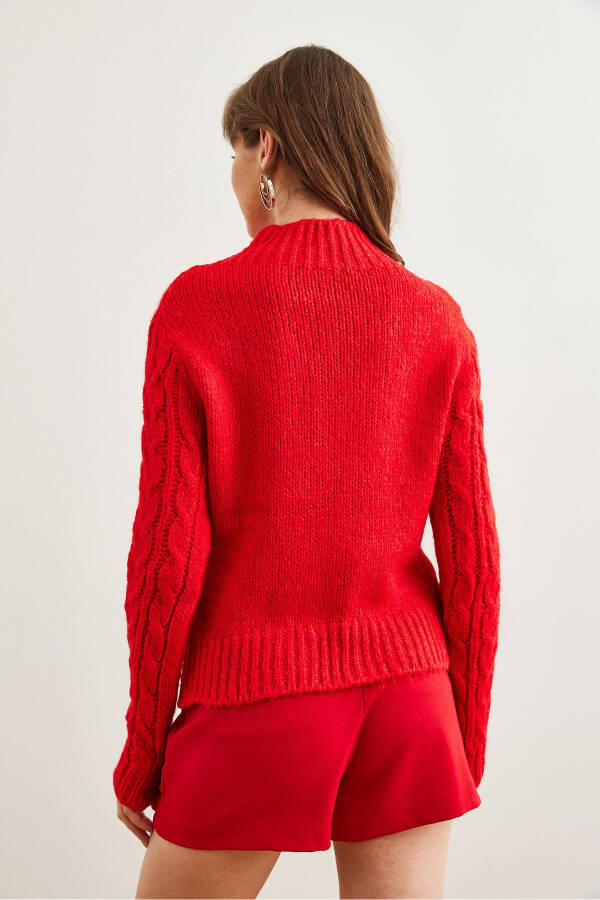 Women's Red Stand-Up Neck Cable-Knit Sweater KZK-19000934 - 5