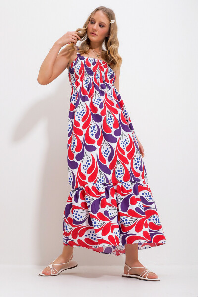 Women's Red Strappy Skirt Ruffle Floral Pattern Chiffon Woven Dress Alc-X11734 - TREND ALAÇATI STILI