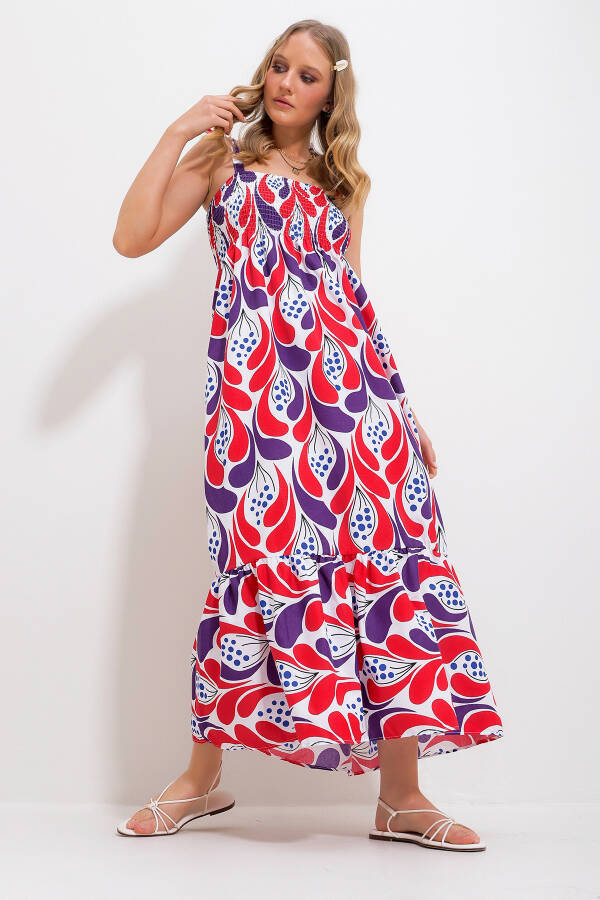 Women's Red Strappy Skirt Ruffle Floral Pattern Chiffon Woven Dress Alc-X11734 - 1