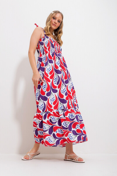 Women's Red Strappy Skirt Ruffle Floral Pattern Chiffon Woven Dress Alc-X11734 - TREND ALAÇATI STILI (1)