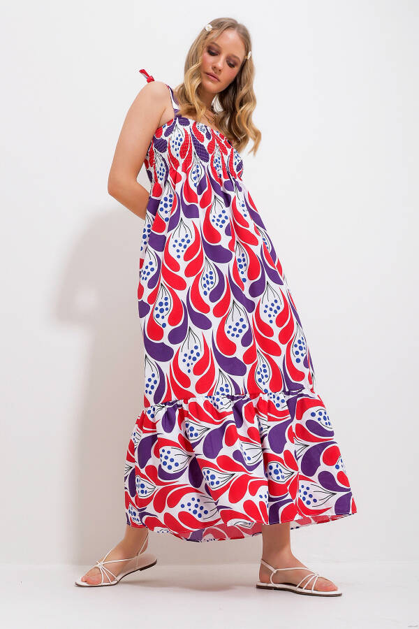 Women's Red Strappy Skirt Ruffle Floral Pattern Chiffon Woven Dress Alc-X11734 - 3