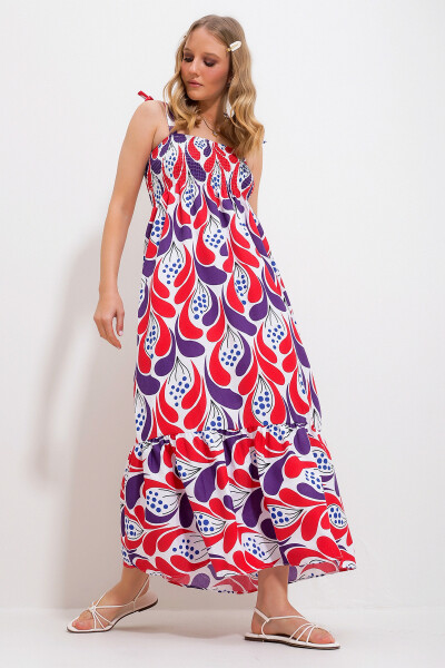 Women's Red Strappy Skirt Ruffle Floral Pattern Chiffon Woven Dress Alc-X11734 - 4