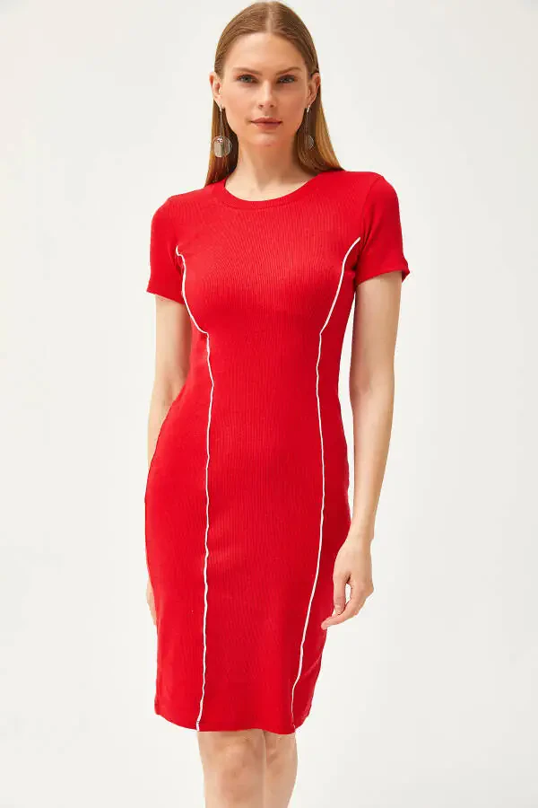 Women's Red Stripe Detail Lycra Mini Cotton Dress ELB-19002066 - 1