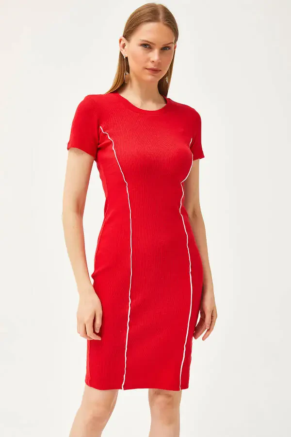 Women's Red Stripe Detail Lycra Mini Cotton Dress ELB-19002066 - 2