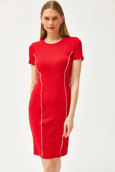 Women's Red Stripe Detail Lycra Mini Cotton Dress ELB-19002066 - 3