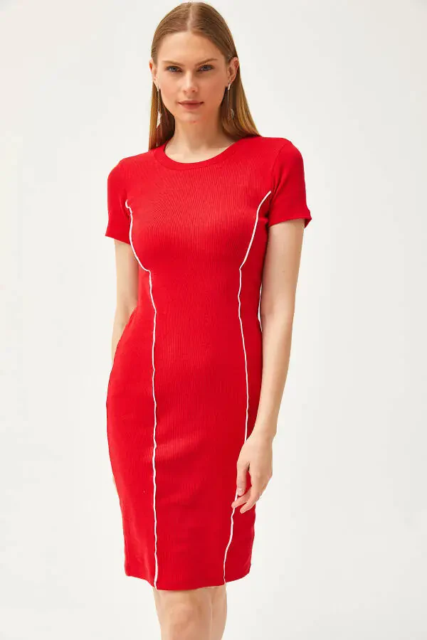 Women's Red Stripe Detail Lycra Mini Cotton Dress ELB-19002066 - 3