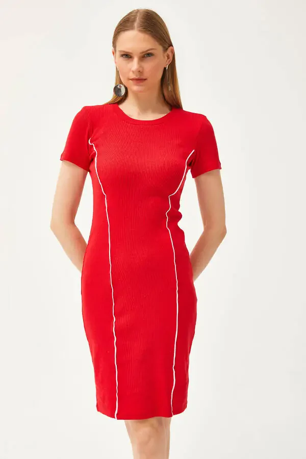 Women's Red Stripe Detail Lycra Mini Cotton Dress ELB-19002066 - 4