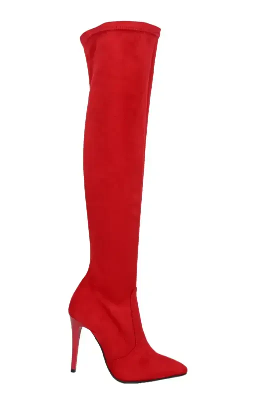 Women's Red Suede Stretch Over-the-Knee Stocking Boot-RED - OZ DOROTHY