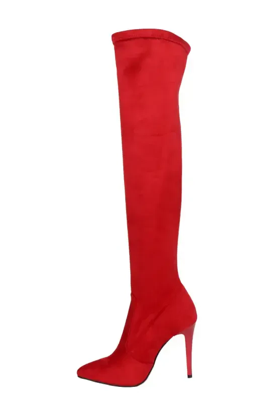 Women's Red Suede Stretch Over-the-Knee Stocking Boot-RED - 2