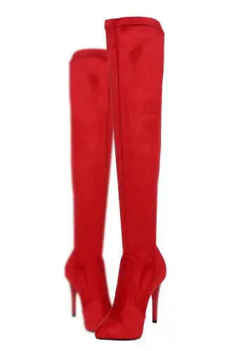 Women's Red Suede Stretch Over-the-Knee Stocking Boot-RED - 3