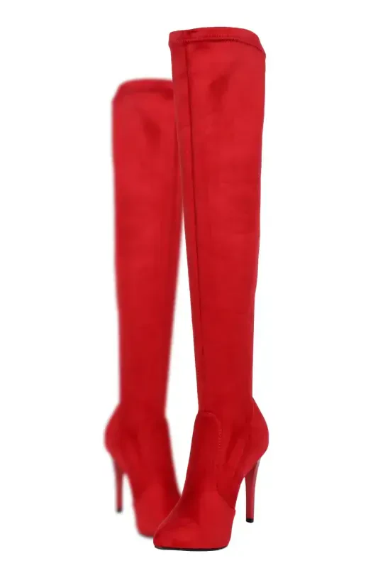 Women's Red Suede Stretch Over-the-Knee Stocking Boot-RED - 3