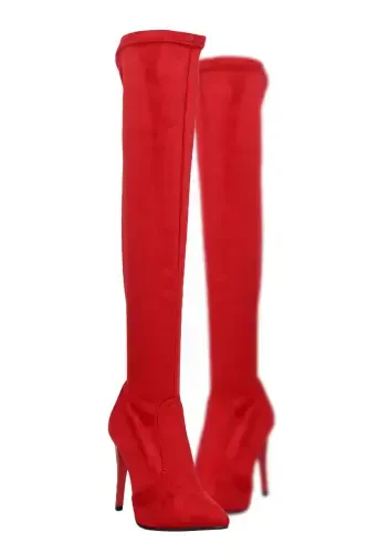 Women's Red Suede Stretch Over-the-Knee Stocking Boot-RED - 4