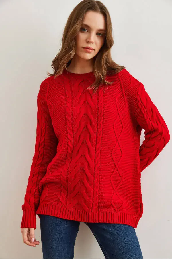 Women's Red Sweater with Braid Detail and Open Front KZK-19000831 - 1