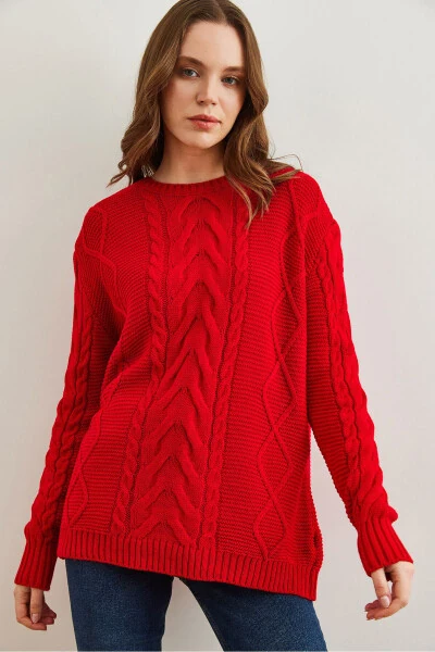 Women's Red Sweater with Braid Detail and Open Front KZK-19000831 - OLALOOK (1)