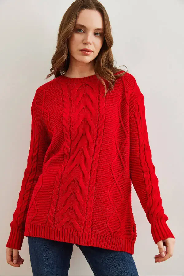 Women's Red Sweater with Braid Detail and Open Front KZK-19000831 - 2