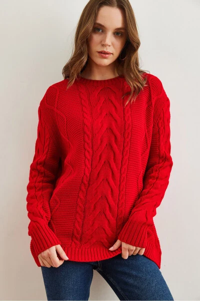 Women's Red Sweater with Braid Detail and Open Front KZK-19000831 - 3